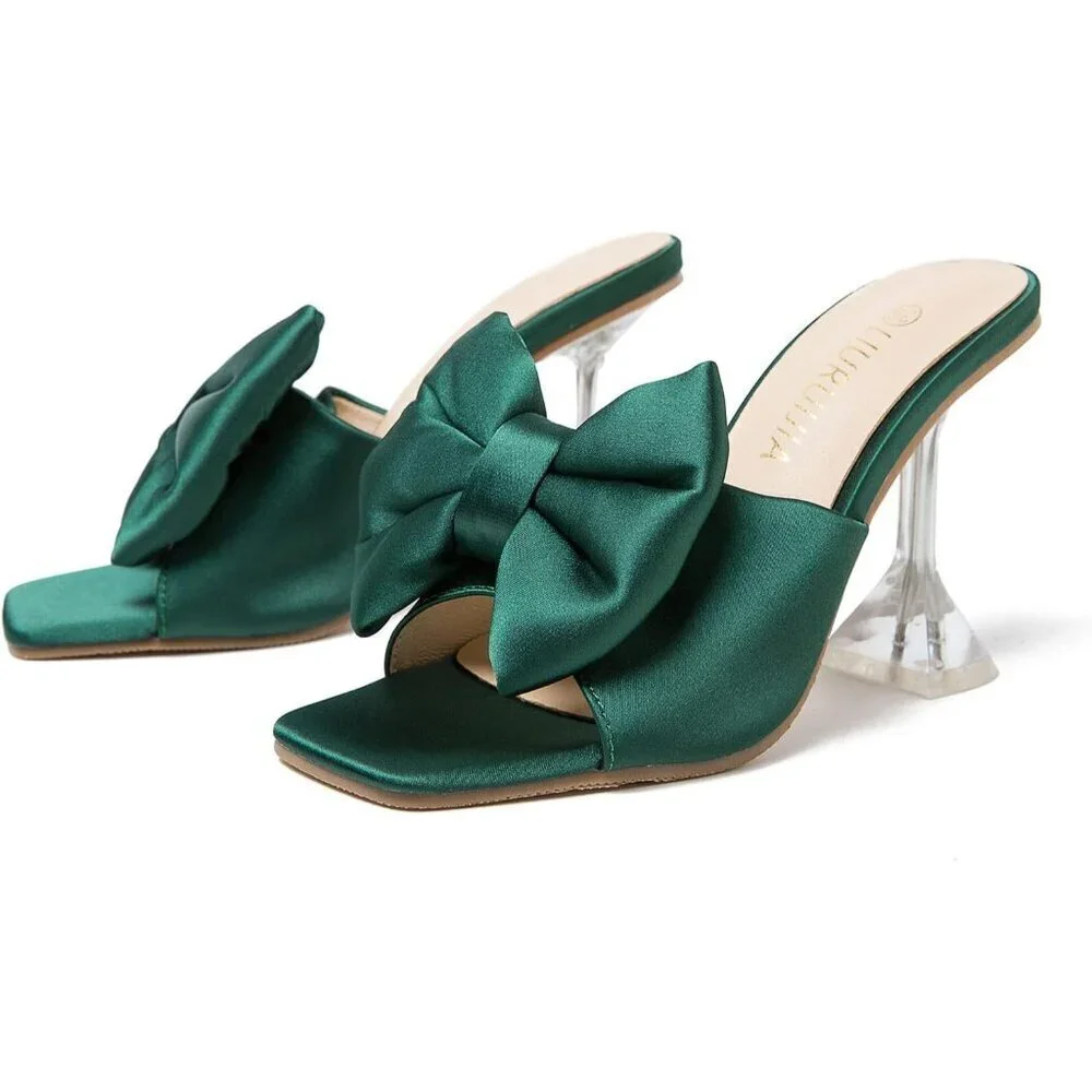 Women's Bow High Heels Mules Dress Sandals Slip On Party Wedding Bridal Green